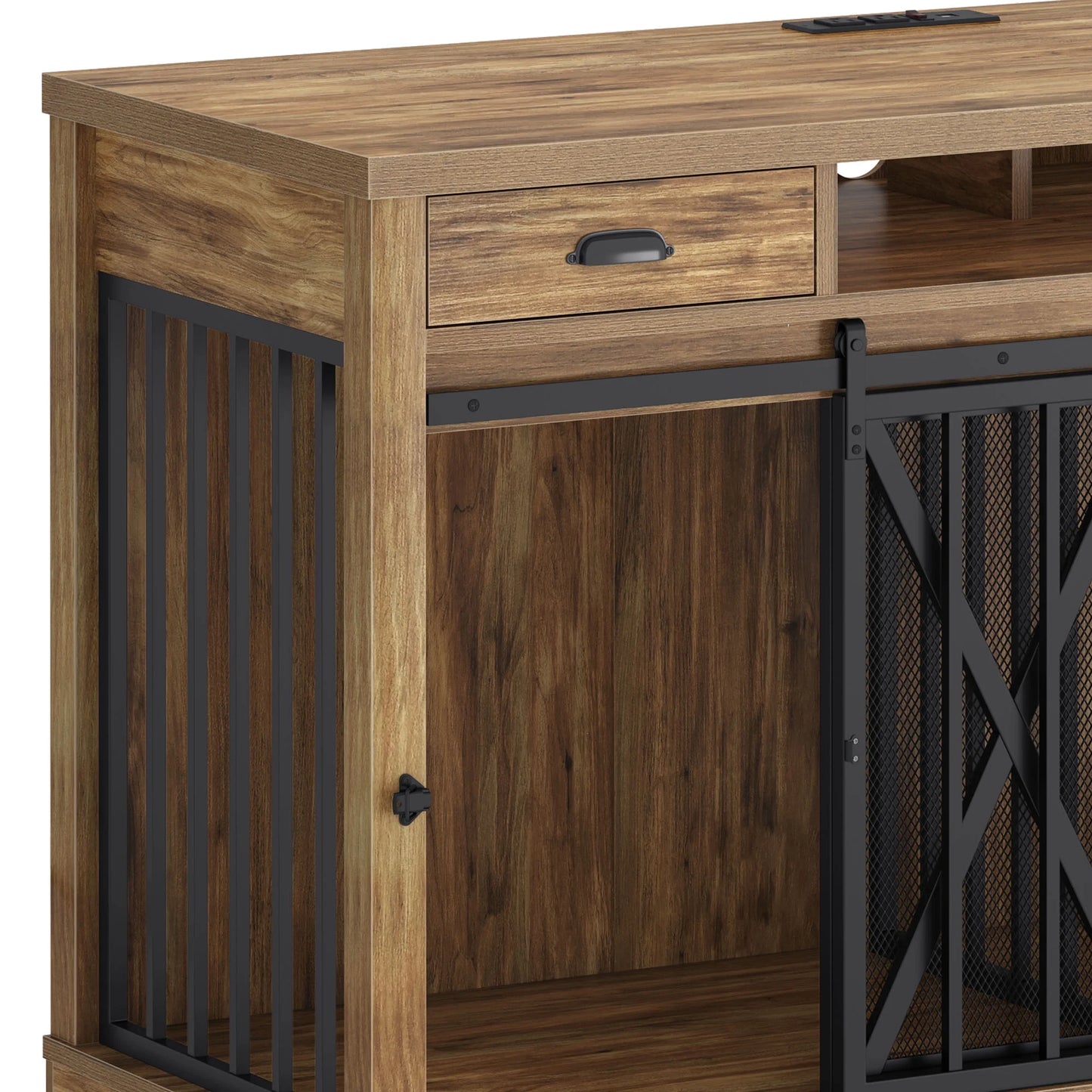 63" Dog Crate Furniture with 2 Drawers,Tv Stand with Charging Station 63" Large Wooden Indoor Dog Kennel - Brown