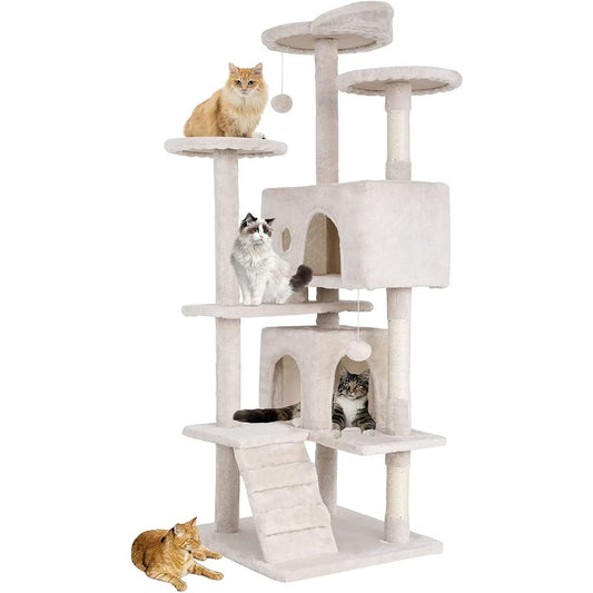 54In Kitten Activity House with Cat Scratching Posts Stand House Cat Condo with Funny Toys Beige