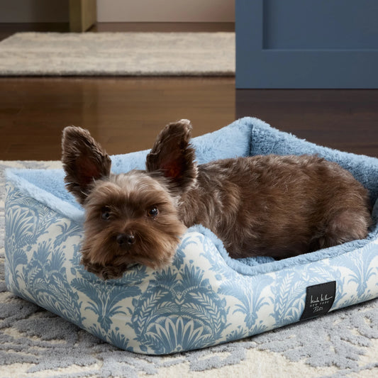 Mod Damask Plushy Bolster Pet Bed, Cozy & Calming, Water Repellent, Non-Slip Bottom, 100% Machine Washable, Blue, Small 24"X19"X7"