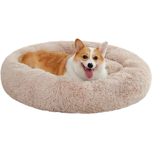 Calming Donut Dog Bed Anti-Anxiety Plush Pillow round Puppy Cat Bed 35" for Pets up to 100Lbs,Beige