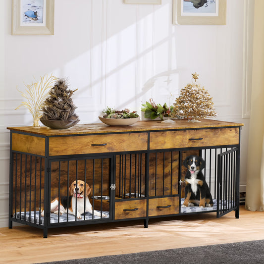 Dog Crate Furniture TV Stand Large Breed with Dog Feeder, 74.8" Inch Wooden Decorative Dog Kennel Furniture Indoor Heavy Duty Dog Crate with Drawers, 2 Room Divider for 2 Medium Large Dogs
