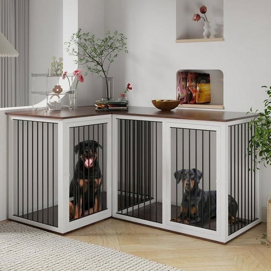 Large Dog Crate Furniture for 2 Dogs, 80.7" Large Dog Kennel Furniture with Dividers and Double Doors, All Steel Frame Double Dog Crate