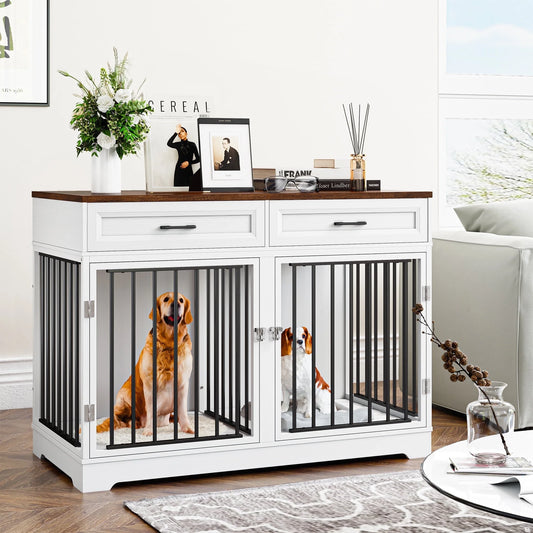 Dog Crate Furniture with 2 Drawers, 47.2 in Wooden Indoor Dog Cage Table with Divider,White